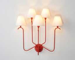 Wall Light Bold Red Modern Fixture, Artistic Five Shade Lamp With White Fabric Shades, Designer Lighting For Stylish Home Interiors