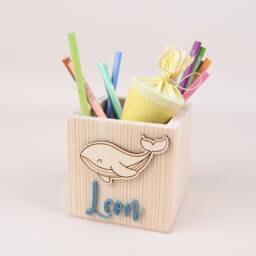 Personalized Wooden Pencil Cup, Whale Holder With Name, School Enrollment Gift, Box For Children, Cone Gift - thumbnail 1