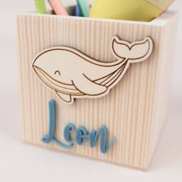Personalized Wooden Pencil Cup, Whale Holder With Name, School Enrollment Gift, Box For Children, Cone Gift - thumbnail 2