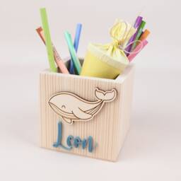 Personalized Wooden Pencil Cup, Whale Holder With Name, School Enrollment Gift, Box For Children, Cone Gift - thumbnail 3