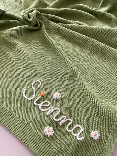 Hand Embroidered Cotton Baby Blanket, Personalized Newborn Gift - image 1