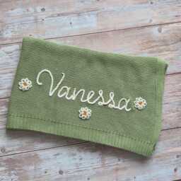 Hand Embroidered Cotton Baby Blanket, Personalized Newborn Gift - thumbnail 3