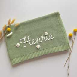 Hand Embroidered Cotton Baby Blanket, Personalized Newborn Gift - thumbnail 2