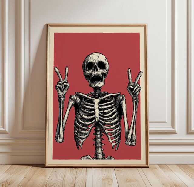 Skeleton Peace Sign Poster, Gothic Wall Art, Dark Humor Print - image 1