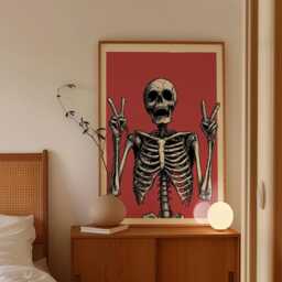 Skeleton Peace Sign Poster, Gothic Wall Art, Dark Humor Print - thumbnail 2