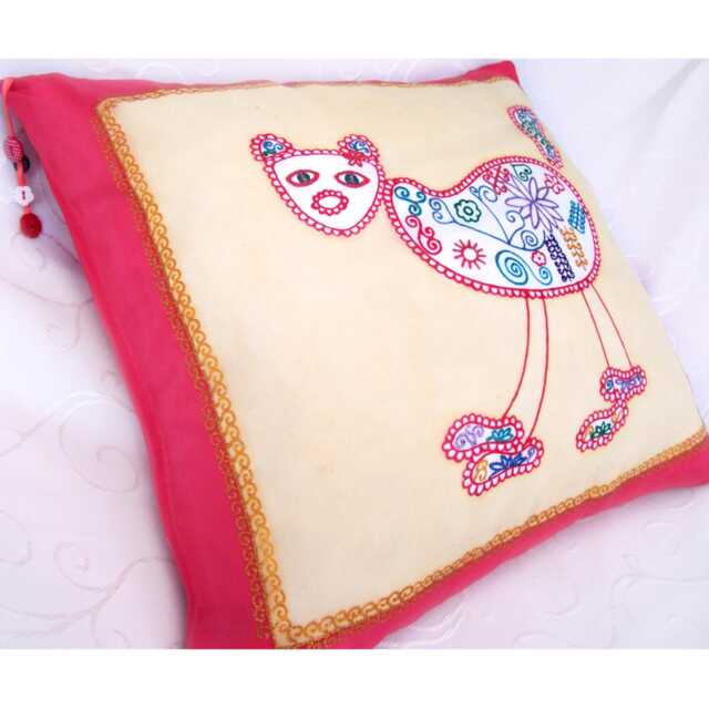 Silk Cushion Cover. Accent Pillow. Red, Cream, Blue, White. Mexican Cat. Whimsical. Festive Look - image 1