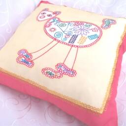 Silk Cushion Cover. Accent Pillow. Red, Cream, Blue, White. Mexican Cat. Whimsical. Festive Look - thumbnail 2