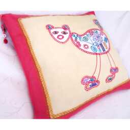 Silk Cushion Cover. Accent Pillow. Red, Cream, Blue, White. Mexican Cat. Whimsical. Housewarming Gift