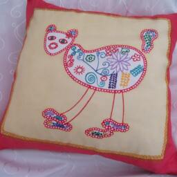 Silk Cushion Cover. Accent Pillow. Red, Cream, Blue, White. Mexican Cat. Whimsical. Festive Look - thumbnail 3