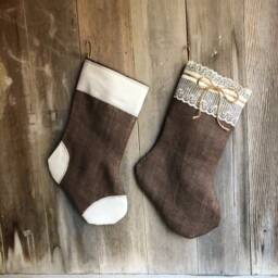 His & Hers-Set Of 2 Stockings-Chocolate Brown Burlap with Lace & Chocolate Cream Patches-Christmas Stocking-Personalize - thumbnail 1