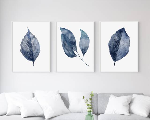 Botanical Print, Blue Leaf Wall Art, Leaves Room Decor, Set Of 3 Prints, Home Office