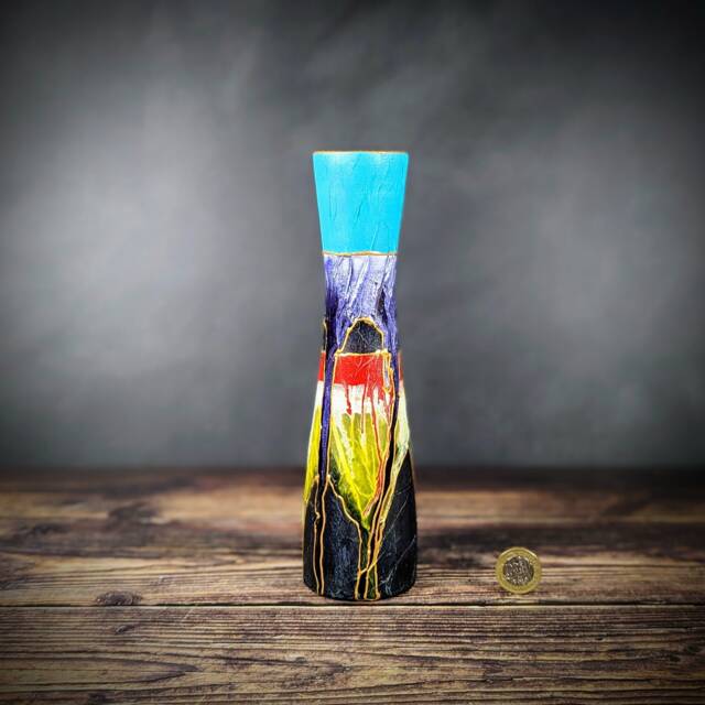 Hand-Painted Glass Bud Vase - Tapered Design With Blue Top & Gold Accents 22cm/9 - image 1
