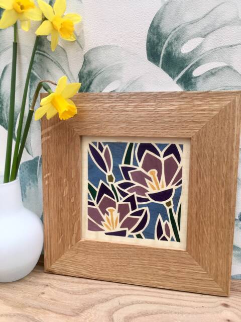 Crocus Flower Marquetry Wall Art, Small Purple Hanging, Picture, Framed Flower Picture, Stylish Artwork - image 1