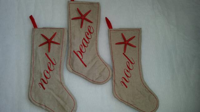 Embroidered Starfish Burlap Christmas Stocking - Coastal Decor - image 1