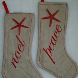 Embroidered Starfish Burlap Christmas Stocking - Coastal Decor - thumbnail 2