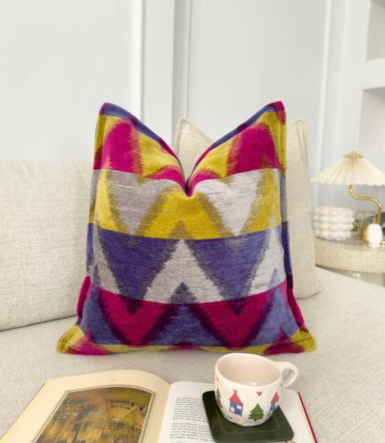 Cotton Velvet Ikat Cushion Cover Multicolour Boho Pillow Geometric Patterned Scatter For Sofa Or Bed - All Sizes - image 1