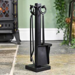 40.5 cm Tall Black Contemporary Fireside Set, Steel Metal Fireside, Fireplace, Tongs, Poker, , Ash Pan & Brush, Stocking Filler