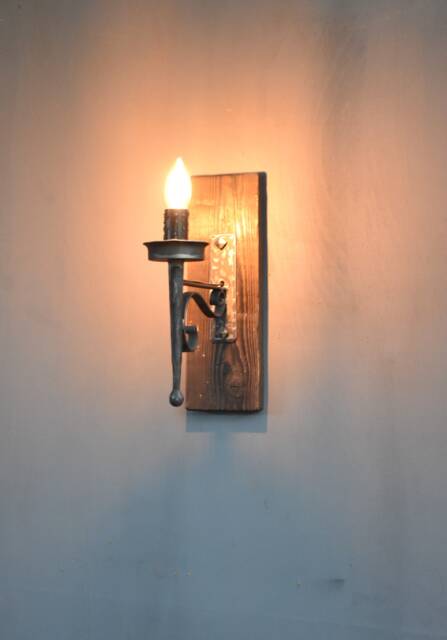 Medieval Torch Light On Rustic Wood Base-Blacksmith Made Farmhouse Lighting - image 1