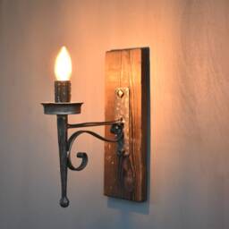 Medieval Torch Light On Rustic Wood Base-Blacksmith Made Farmhouse Lighting - thumbnail 3