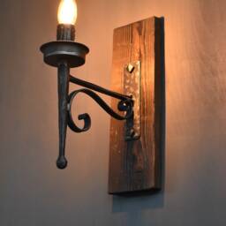Medieval Torch Light On Rustic Wood Base-Blacksmith Made Farmhouse Lighting - thumbnail 2