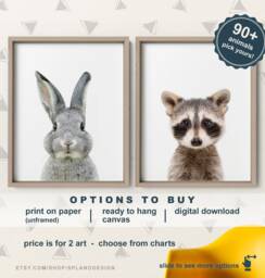 Woodland Nursery Animals Print, Baby Nursery, Creatures Canvas, Forest Animal Posters, Bunny Rabbit Raccoon Print - thumbnail 1
