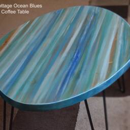 Oval Blue Coffee Table Unique Hand Painted Seabreeze Colour Scheme Coastal Furniture With Black Metal Hair Pin Or Tapered Wood Legs - thumbnail 2