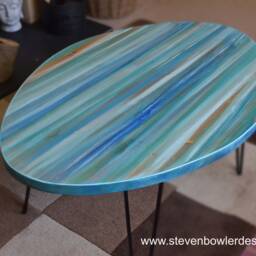 Oval Blue Coffee Table Unique Hand Painted Seabreeze Colour Scheme Coastal Furniture With Black Metal Hair Pin Or Tapered Wood Legs - thumbnail 4