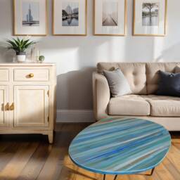 Oval Blue Coffee Table Unique Hand Painted Seabreeze Colour Scheme Coastal Furniture With Black Metal Hair Pin Or Tapered Wood Legs