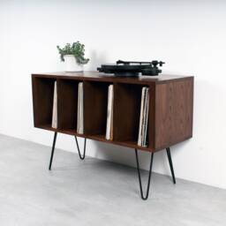 "Vinyl Storage Record Player Stand, Solid Dark Stained Ash On Mid Century Hairpin Legs. ""Condor Small" - thumbnail 1