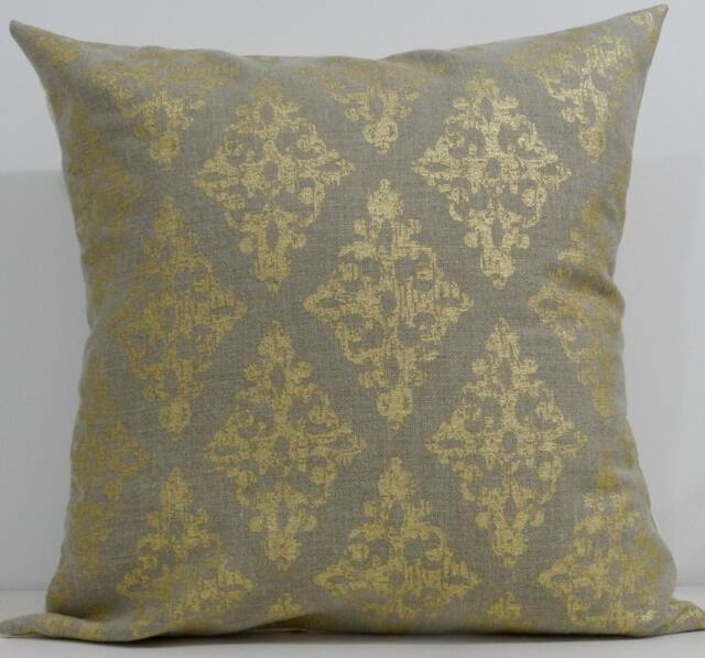 Designer Handmade Pillow Case in Gold Block Print On Taupe Linen