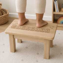 Personalized Wooden Train Stool - Child Name Nursery Decor, Laser Engraved Wood - thumbnail 2