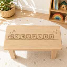 Personalized Wooden Train Stool - Child Name Nursery Decor, Laser Engraved Wood - thumbnail 1