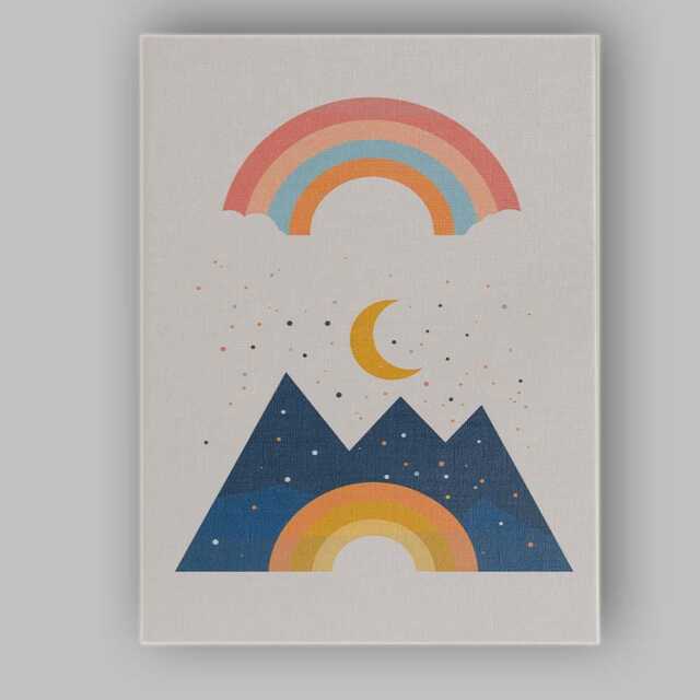 Boho Rainbow Crescent Moon Mountain Landscape Canvas Wall Art Print Decor Picture Ready To Hang - image 1