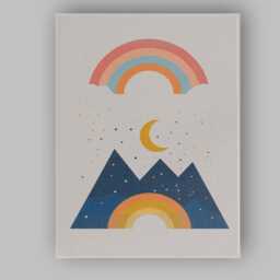 Boho Rainbow Crescent Moon Mountain Landscape Canvas Wall Art Print Decor Picture Ready To Hang - thumbnail 1