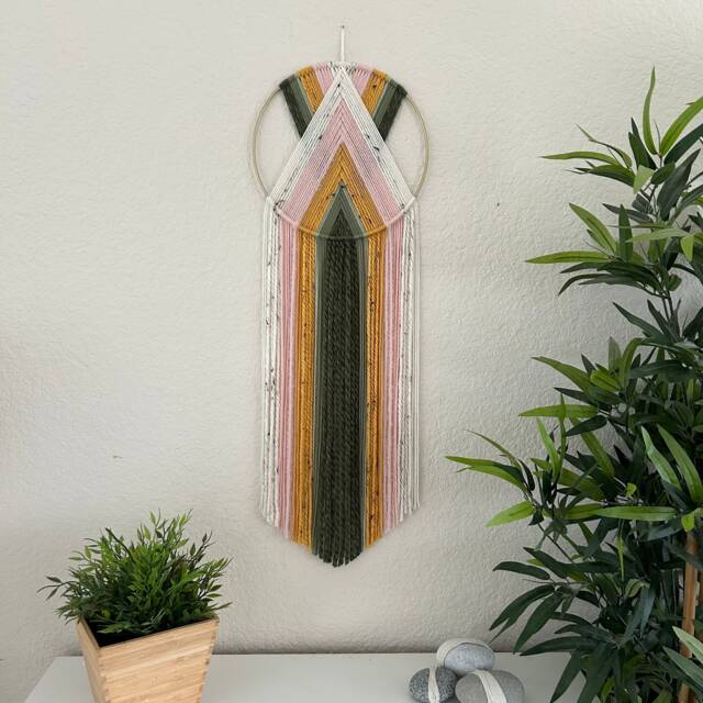 Pink Green & Yellow Yarn Hoop Wall Hanging, Retro Macrame Art, Boho Tapestry, 1970's Decor, 70's Handmade Hangings - image 1