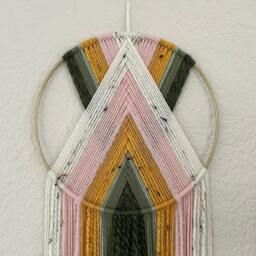 Pink Green & Yellow Yarn Hoop Wall Hanging, Retro Macrame Art, Boho Tapestry, 1970's Decor, 70's Handmade Hangings - thumbnail 4
