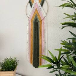 Pink Green & Yellow Yarn Hoop Wall Hanging, Retro Macrame Art, Boho Tapestry, 1970's Decor, 70's Handmade Hangings - thumbnail 3