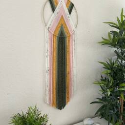 Pink Green & Yellow Yarn Hoop Wall Hanging, Retro Macrame Art, Boho Tapestry, 1970's Decor, 70's Handmade Hangings - thumbnail 2