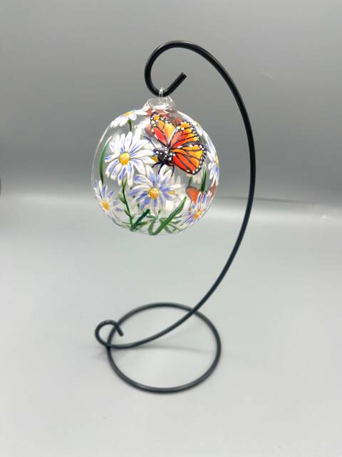Hand Painted Tealight Holder/Daisies/ Monarch Butterflies April Birth Flower/ Hanging Glass Sphere With Ornament Stand - image 1