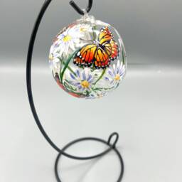 Hand Painted Tealight Holder/Daisies/ Monarch Butterflies April Birth Flower/ Hanging Glass Sphere With Ornament Stand - thumbnail 2