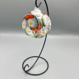 Hand Painted Tealight Holder/Daisies/ Monarch Butterflies April Birth Flower/ Hanging Glass Sphere With Ornament Stand - thumbnail 3