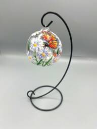 Hand Painted Tealight Holder/Daisies/ Monarch Butterflies April Birth Flower/ Hanging Glass Sphere With Ornament Stand - thumbnail 1