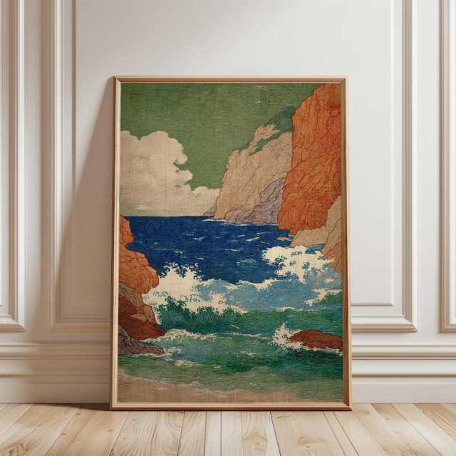 Coastal Cliff Seascape Poster - Vintage Style Ocean Waves Art Textured Landscape Wall Decor - image 1