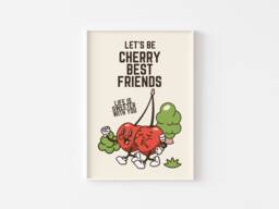Cute Retro Cherry Print - Best Friends, Mascot Print, Cherries Love, Friendship Funky Groovy Minimal Poster - thumbnail 1