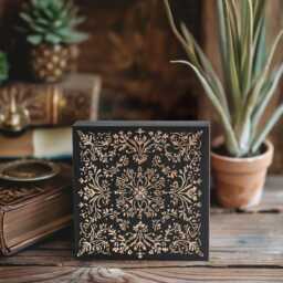 French Country Tile 3 Mini Engraved Wood Panel - Block Print Carved Home Decor, Woodcut Boho Floral Gift, Antique Wrought Iron Wall Art - thumbnail 3