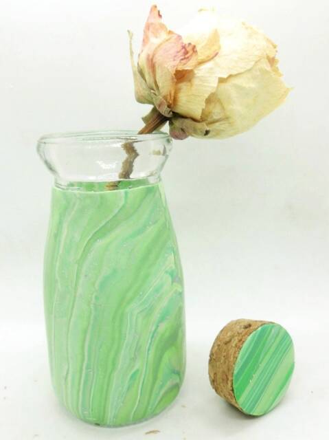 Light Green Glass Milk Bottle, Marbled Polymer Clay, Glass Bottle With Cork, Pastel Green, Swirls, Home Decor, Spring Flower Vase - image 1