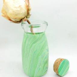 Light Green Glass Milk Bottle, Marbled Polymer Clay, Glass Bottle With Cork, Pastel Green, Swirls, Home Decor, Spring Flower Vase - thumbnail 3