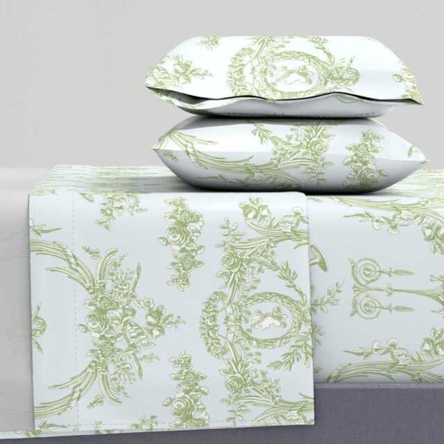 French Sheets - Marie Toile Basil Green On Blue By Lilyoake Vintage Rococo Floral Cotton Sateen Sheet Set Bedding Spoonflower - image 1