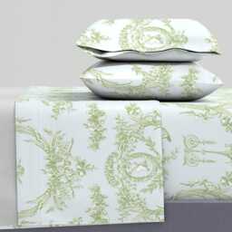 French Sheets - Marie Toile Basil Green On Blue By Lilyoake Vintage Rococo Floral Cotton Sateen Sheet Set Bedding Spoonflower