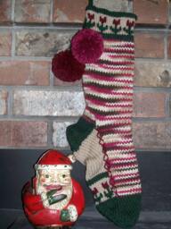 Hand Knit Christmas Stocking Multi Red Brown Tan Flower Border By Santa's Works